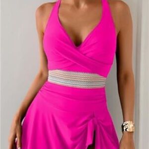 Fuchsia Halter One-Piece Swimdress with Embellished Waist